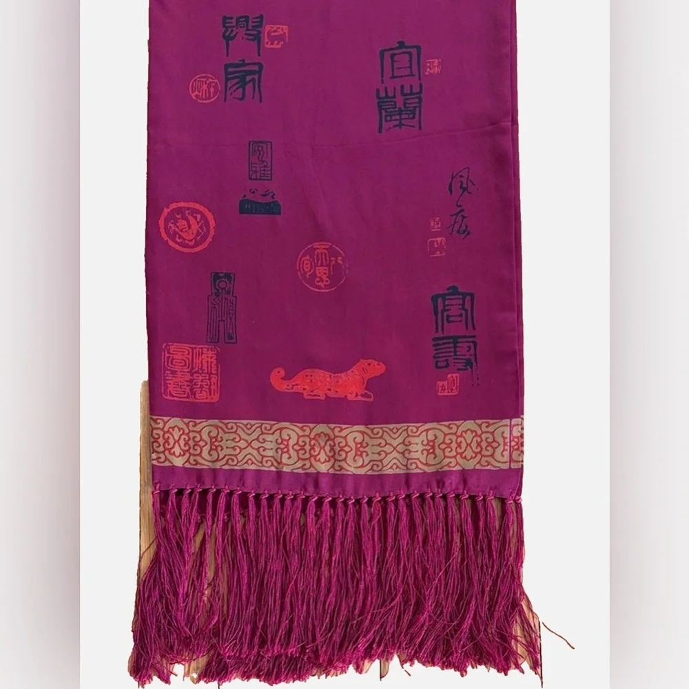 Vintage Silk Scarf Magenta Gold Asian Motif Fringe Long Wrap Shawl
